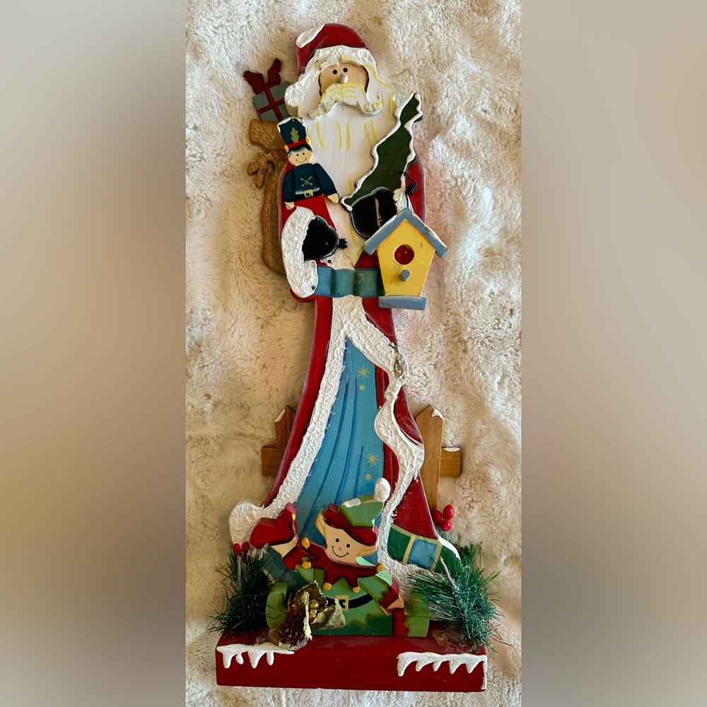 Wooden Santa Country Folk toys, elf, birdhouse, fence. See details blemishes.
